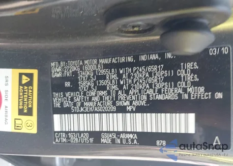 2010 Toyota Highlander Se V6 z USA, uszkodzony, nr VIN 5TDJK3EH7AS020209